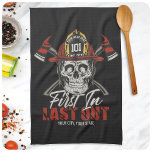 Custom NAME Firefighter First In Last Out Fireman  Kitchen Towel<br><div class="desc">Personalize this truly unique,  one-of-a-kind Custom Fire Fighter Fireman featuring Skeleton with Helmet and Dual Axes Design. Personalized with your Name,  Number and Location! Perfect gift for that special person in your life!</div>