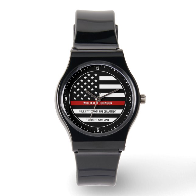 Custom NAME FireFighter Thin Red Line Fire Station Watch (Front)