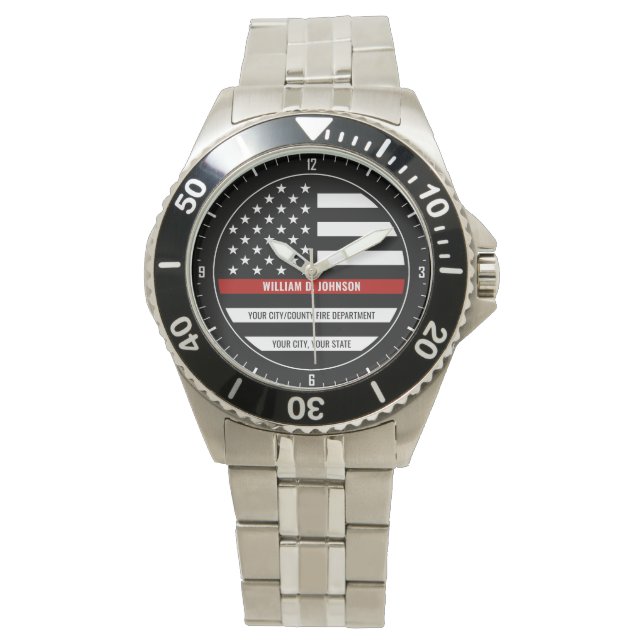 Custom NAME FireFighter Thin Red Line Fire Station Watch (Front)