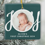 Custom Name First Christmas Photo Green Keepsake Ceramic Ornament<br><div class="desc">This cute Baby's First Christmas Photo Ornament is decorated with the word JOY in stylish script typography on a green background.
Easily customizable with your photo,  name,  and year.</div>