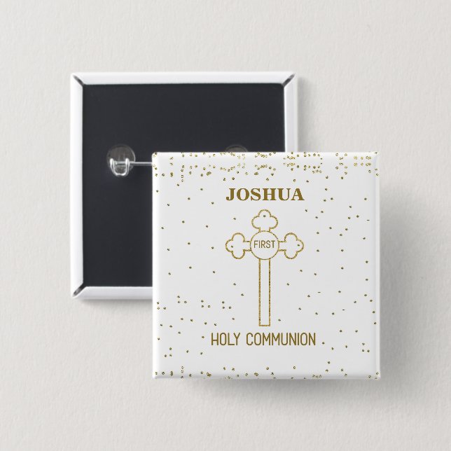 Custom Name First Holy Communion Gold Look Cross 2 Inch Square Button (Front &amp; Back)