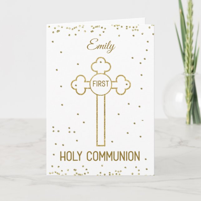Custom Name First Holy Communion Gold Look Cross Card (Front)