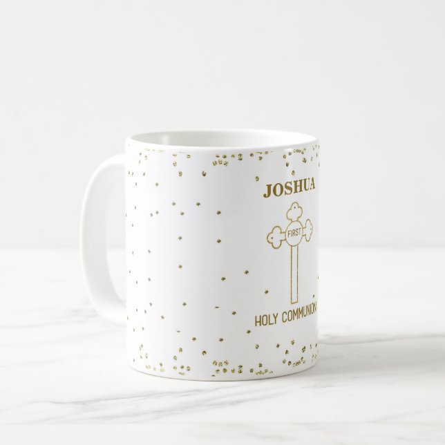Custom Name First Holy Communion Gold Look Cross Coffee Mug (Front Left)