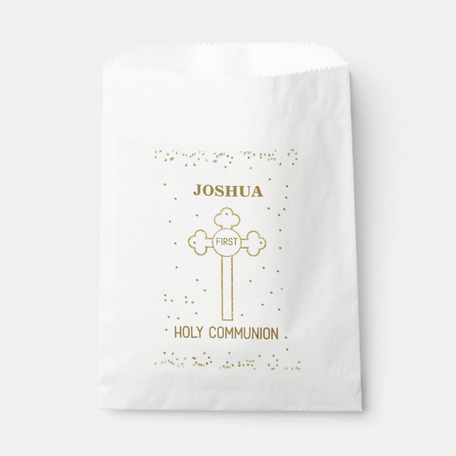 Custom Name First Holy Communion Gold Look Cross Favour Bag (Front)