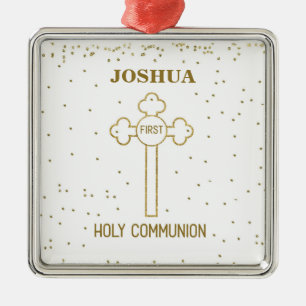 Custom Name First Holy Communion Gold Look Cross Metal Ornament