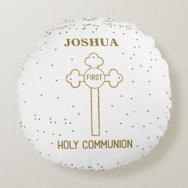 Custom Name First Holy Communion Gold Look Cross Round Pillow (Front)