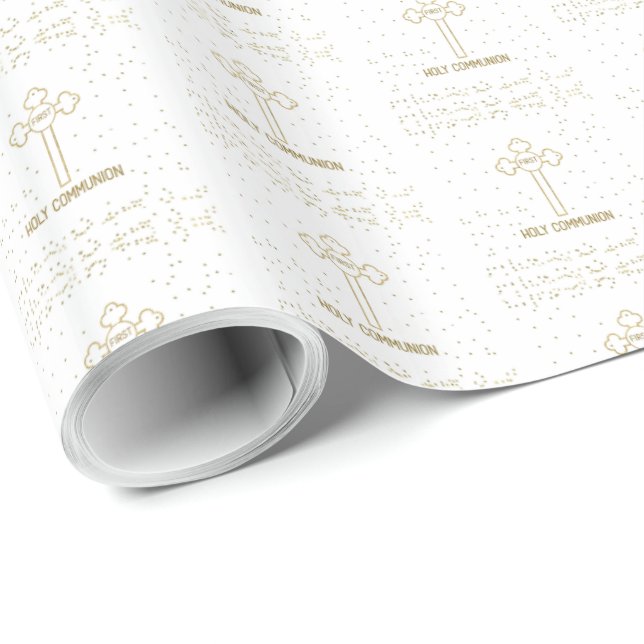 Custom Name First Holy Communion Gold Look Cross Wrapping Paper (Roll Corner)