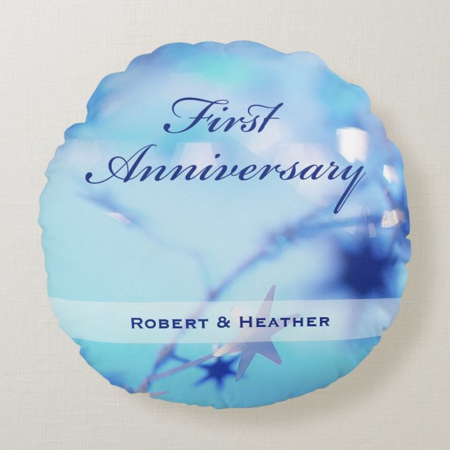 Custom Name, First Wedding Anniversary Sparkle Round Pillow (Front)