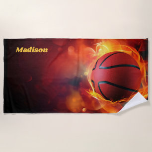Custom Name Flaming Basketball Beach Towel