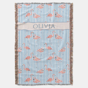 Custom Name Flamingo Blue Stripes Preppy Woven Throw Blanket