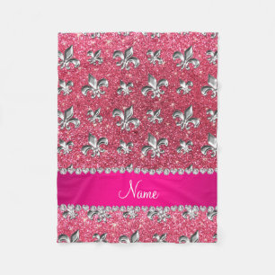 Custom name fleur de lis fuchsia pink glitter fleece blanket