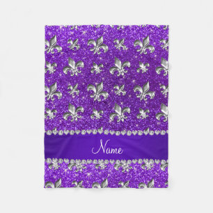 Custom name fleur de lis indigo purple glitter fleece blanket