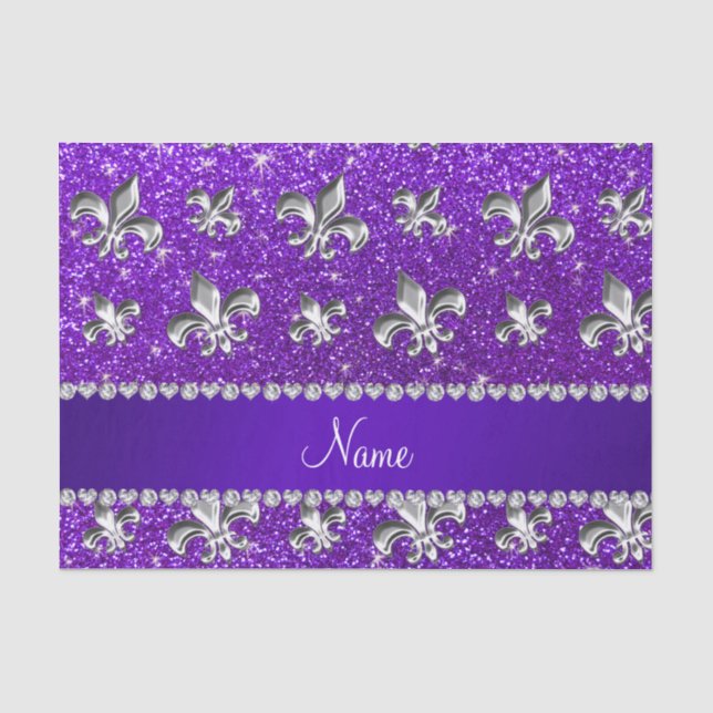 Custom name fleur de lis indigo purple glitter tissue paper (Front)