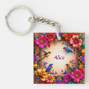 🌸 Custom Name Floral Bird Design Nature Gift Keychain