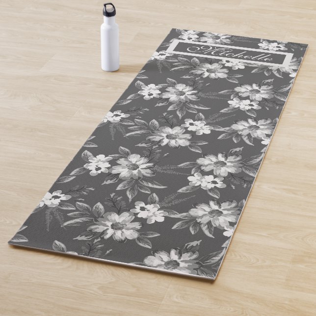 Custom Name Floral Black Grey White Yoga Mat (In Situ)