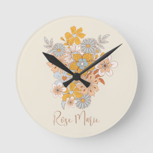 Custom Name Floral Boho Nursery Round Clock