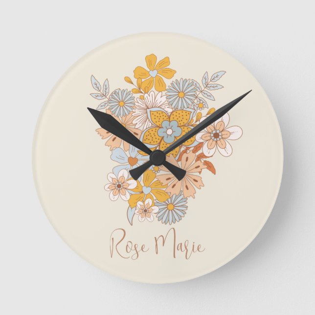 Custom Name Floral Boho Nursery Round Clock (Front)