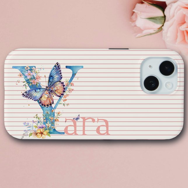 Custom Name | Floral Butterfly Initial Blue, Peach Case-Mate iPhone Case (Creator Uploaded)