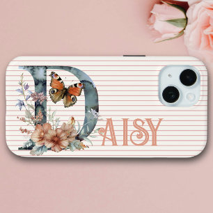 Custom Name Floral Butterfly Initial Peach Blue iPhone 15 Case
