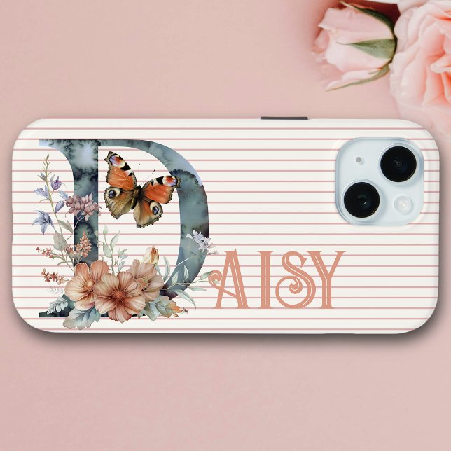 Custom Name | Floral Butterfly Initial Peach Blue Case-Mate iPhone Case (Creator Uploaded)