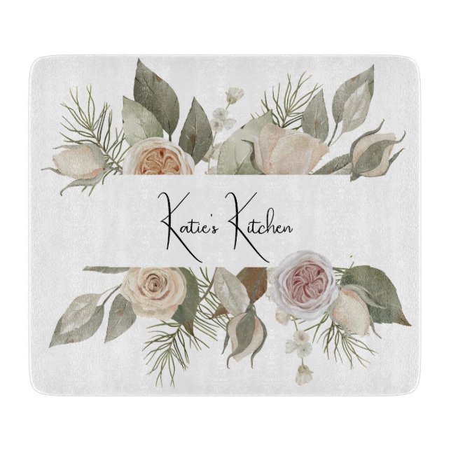 Custom Name Floral Glass Cutting Board, Flower Board (Front)