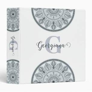 Custom Name Floral Harmony Grey Monotone Mandala Binder