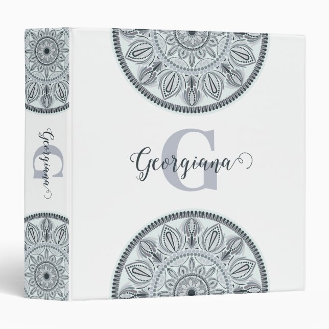 Custom Name Floral Harmony Grey Monotone Mandala Binder (Front/Spine)