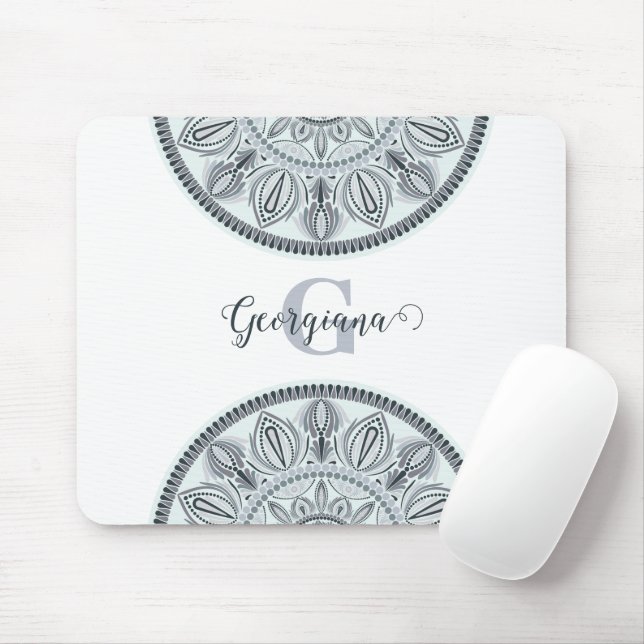 Custom Name Floral Harmony Grey Monotone Mandala Mouse Pad (With Mouse)