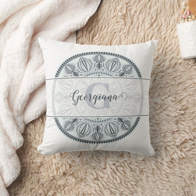 Custom Name Floral Harmony Grey Monotone Mandala Throw Pillow (Blanket)