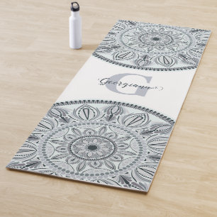 Custom Name Floral Harmony Grey Monotone Mandala Yoga Mat