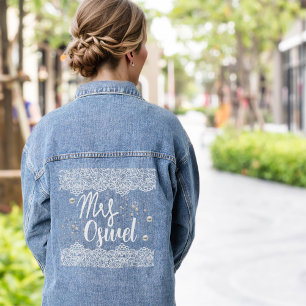Custom Name Floral lace pearls Bride Denim Jacket