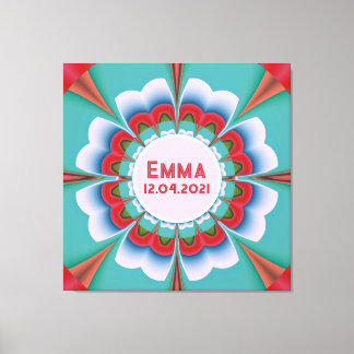 Custom Name Floral Mandala Birth Date Art Canvas Print