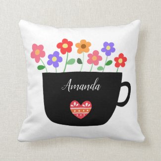 Custom Name Floral Mug Housewarming Gift Throw Pillow