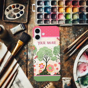 Custom Name Floral Pink Tree Green Inspirivity iPhone 16 Plus Case
