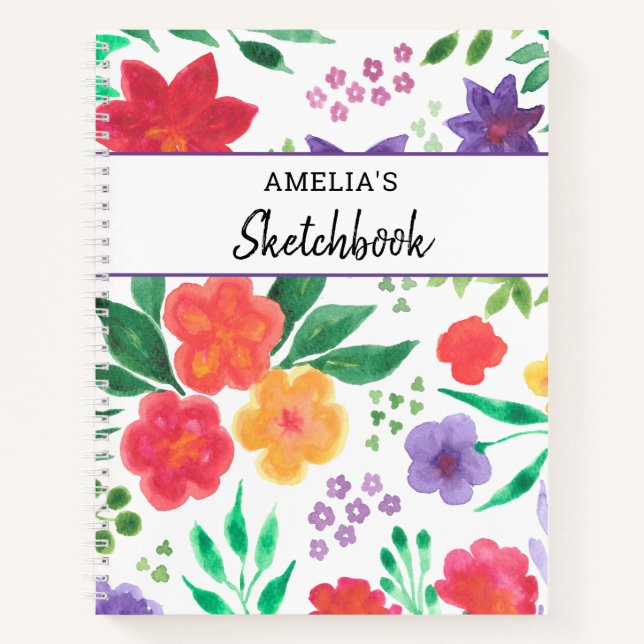 Custom Name Floral Sketchbook Notebook (Front)