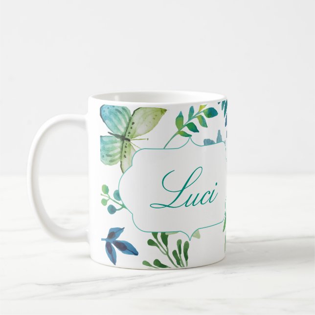 Custom Name Flower Green Coffee Mugs Personalize (Left)