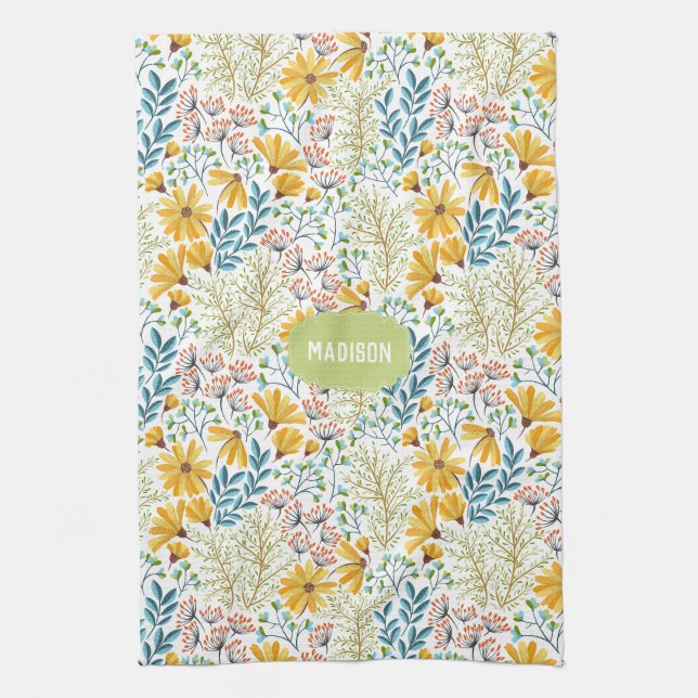 Custom name Flower Illustration kitchen towel (Vertical)