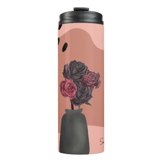 Custom Name Flower Vase with black flowers pink  Thermal Tumbler (Front)
