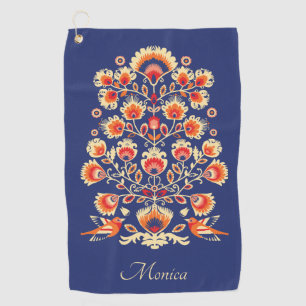 Custom name Folklore with yellow flowers and birds Golf Towel