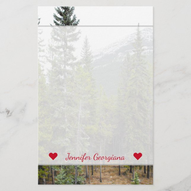 Custom Name + Forest and Mountain Scene Stationery (Front)
