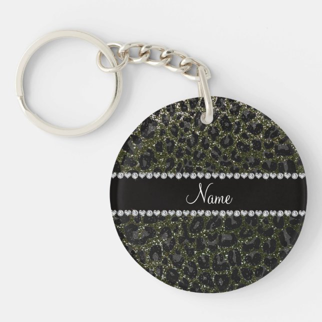 Custom name forest green glitter leopard print keychain (Front)