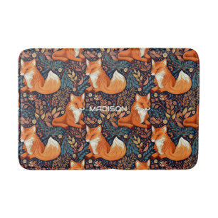 Custom Name Foxes and Leafs Pattern Bath Mat