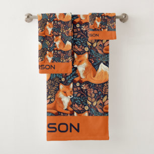 Custom Name Foxes and Leafs Pattern Bath Towel Set