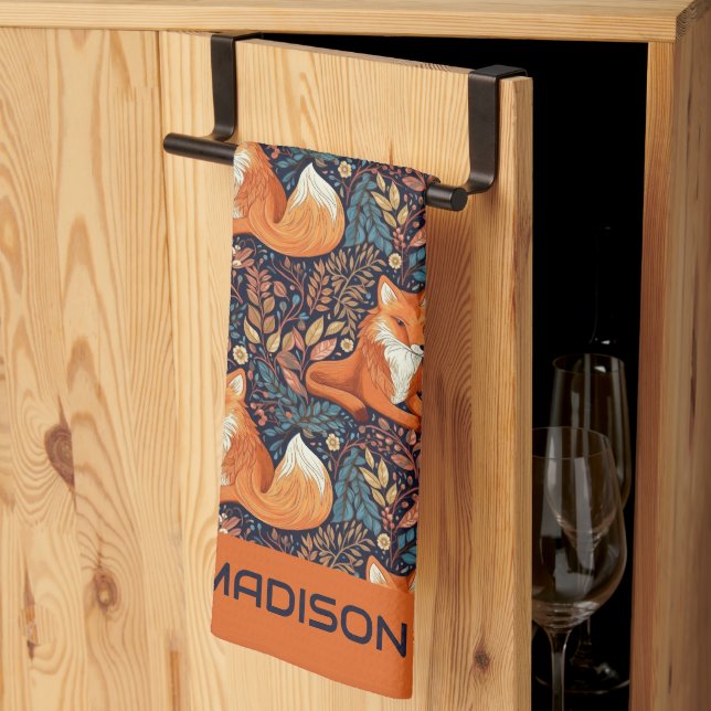 Custom Name Foxes and Leafs Pattern Kitchen Towel (Thirds Fold)