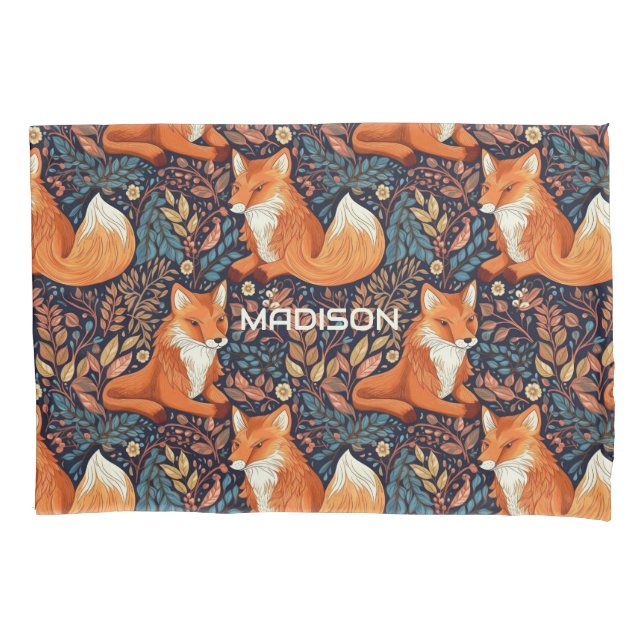 Custom Name Foxes and Leafs Pattern Pillowcase (Front)