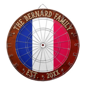 Custom Name FRANCE FLAG & Rustic Brown Border Dartboard