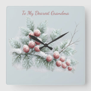 Custom Name Frosted Winter Berry Square Wall Clock