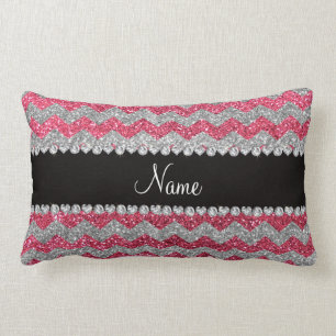Custom name fuchsia pink silver glitter chevrons lumbar pillow