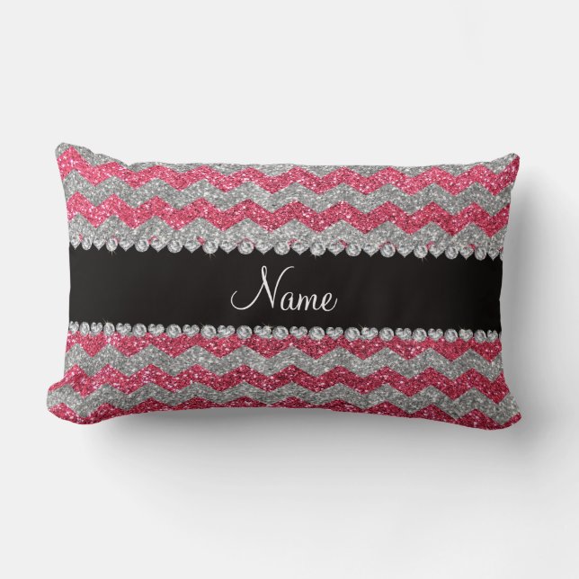 Custom name fuchsia pink silver glitter chevrons lumbar pillow (Front)