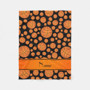 Custom name fun black basketballs orange stripe fleece blanket